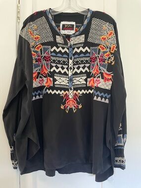 Johnny Was BIYA Veda Black Embroidered Boho Shirt with Multicolor Stitching M